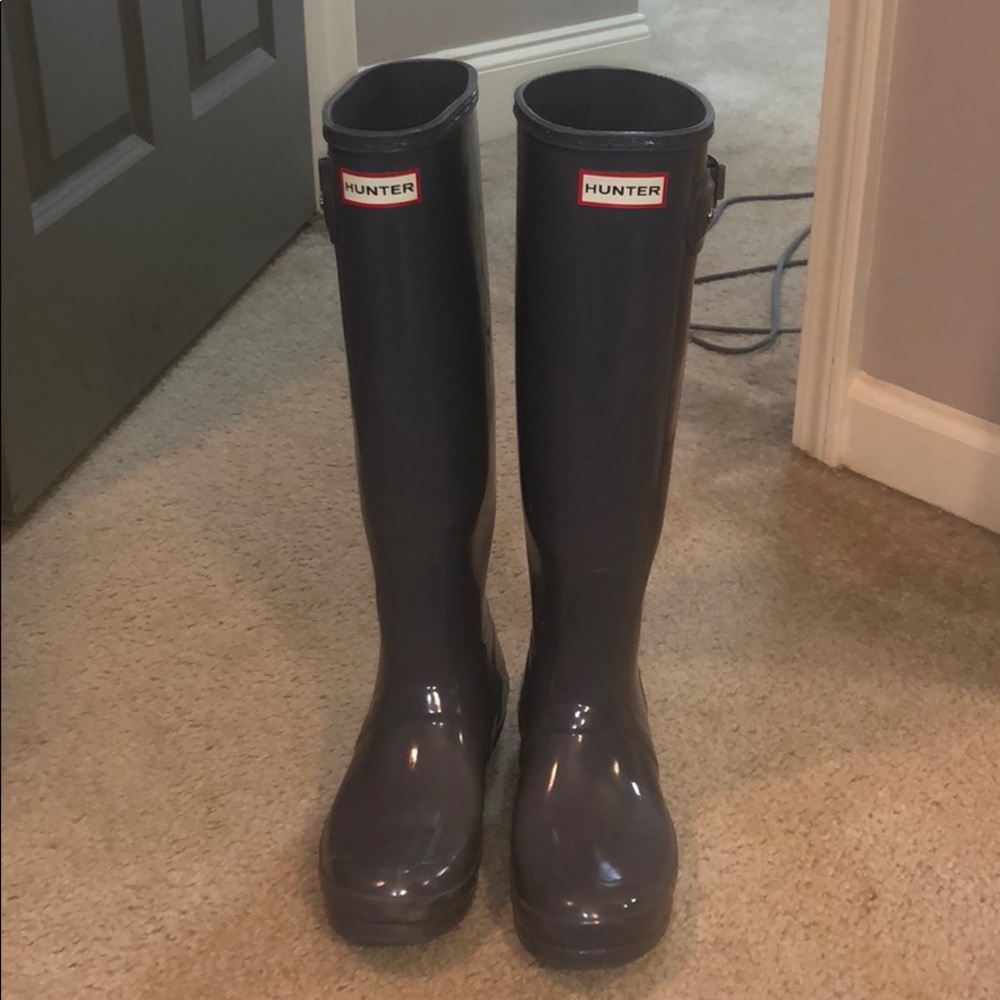 Gray tall hunter rain boots